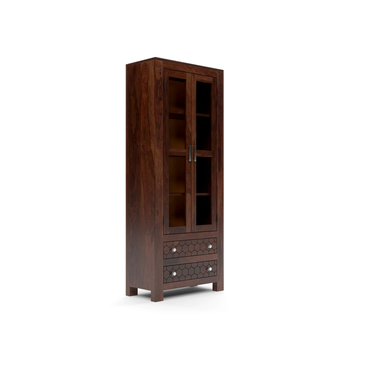 Kevia Sheesham Wood Bookshelf with Acrylic Glass Doors & 2 Drawers (Walnut Finish)