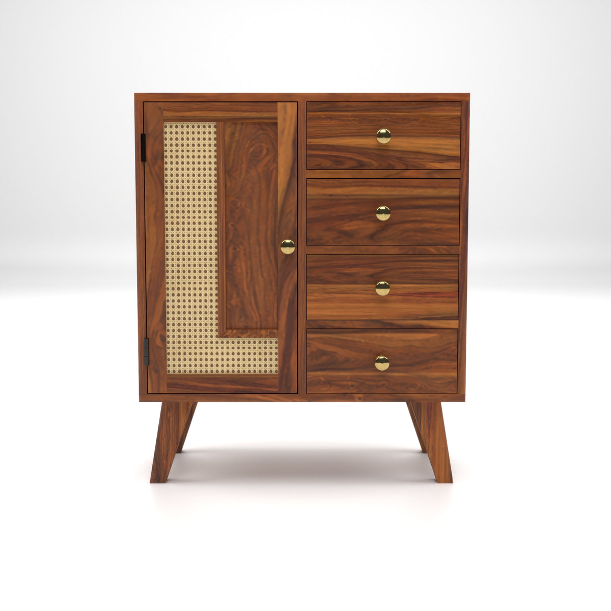 Treordale Sheesham Wood Storage Cabinet with Rattan Cane Door & 4 Drawers (Natural Finish)