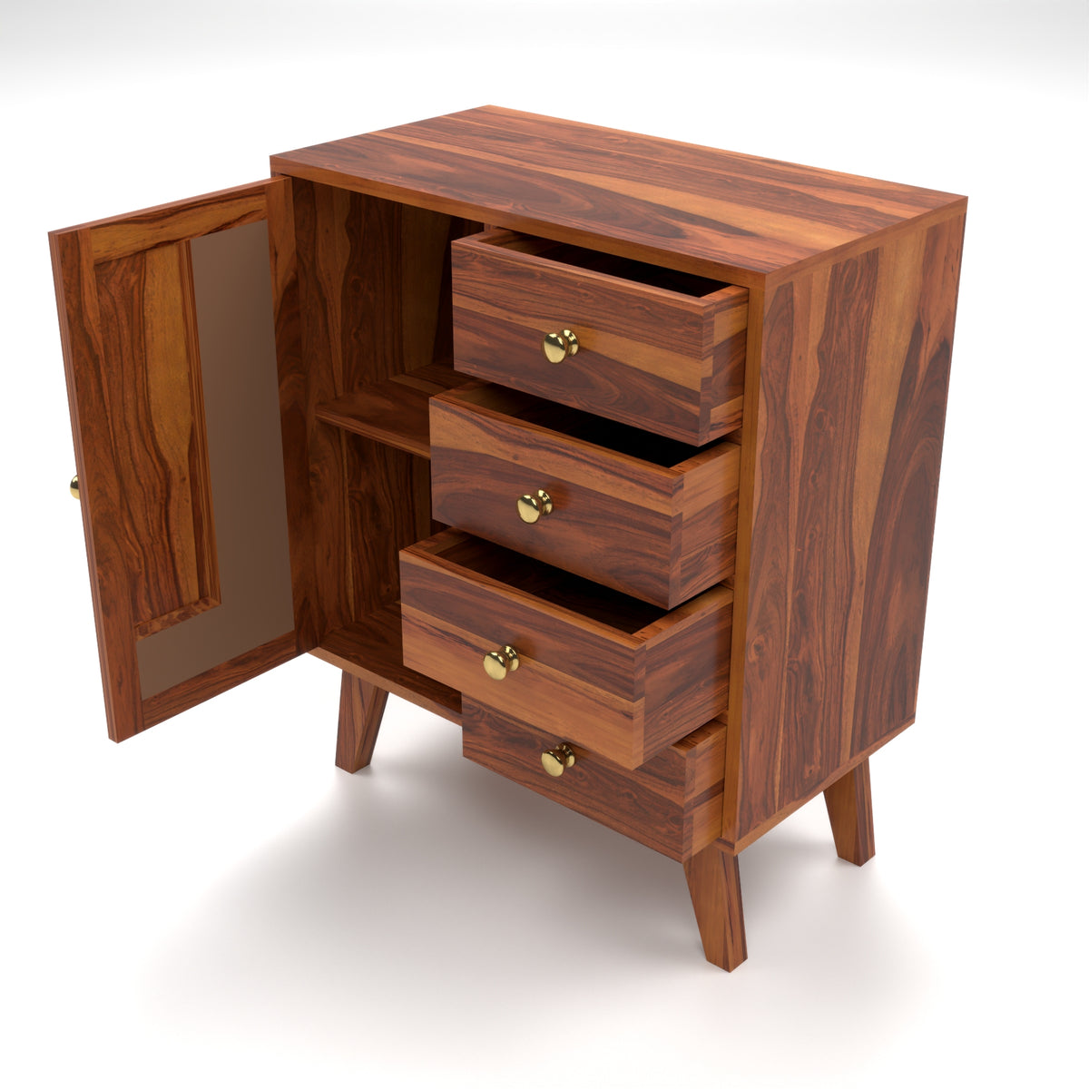Treordale Sheesham Wood Storage Cabinet with Rattan Cane Door & 4 Drawers (Natural Finish)