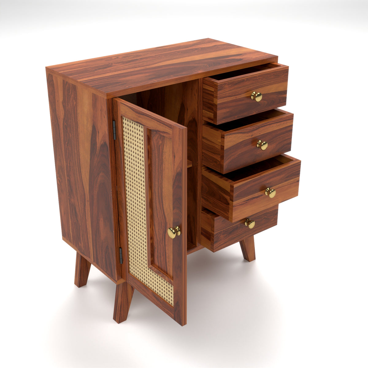 Treordale Sheesham Wood Storage Cabinet with Rattan Cane Door & 4 Drawers (Natural Finish)