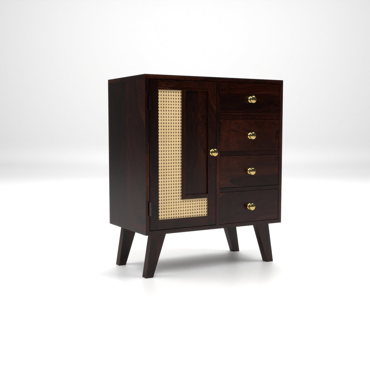Treordale Sheesham Wood Storage Cabinet with Rattan Cane Door & 4 Drawers (Walnut Finish)