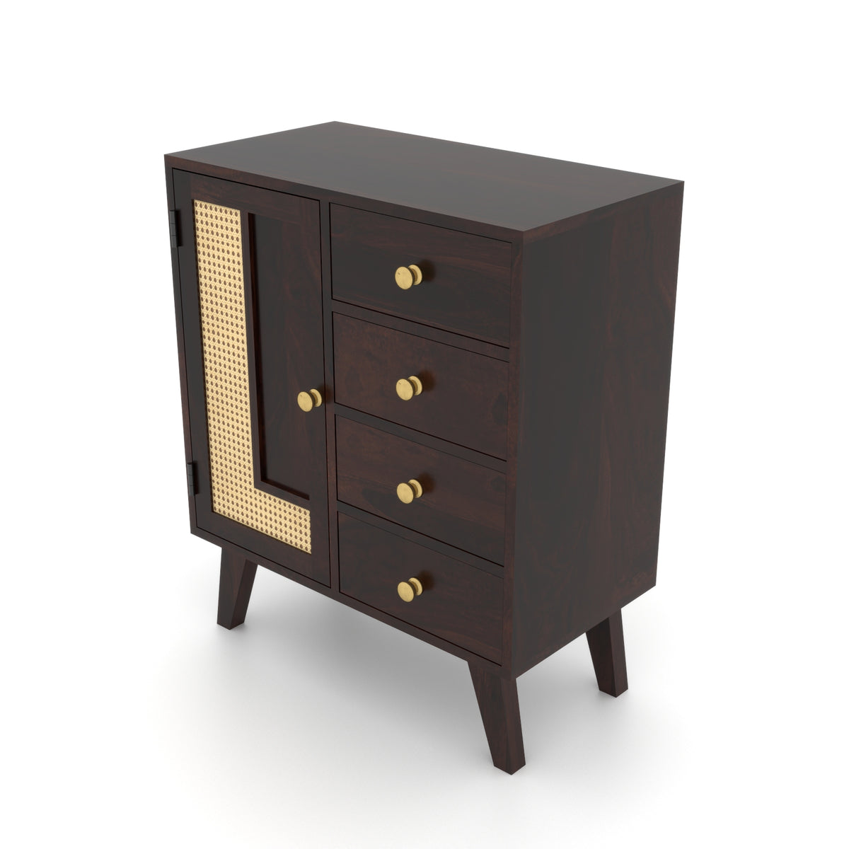 Treordale Sheesham Wood Storage Cabinet with Rattan Cane Door & 4 Drawers (Walnut Finish)