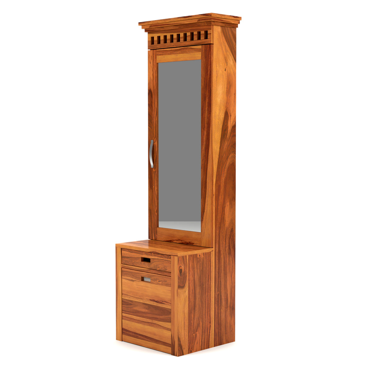 Elmanshire Sheesham Wood Dressing Table with Full-Length Mirror, Multipurpose Storage Shelves, Drawer & Cushioned Seating Stool (Honey Finish)