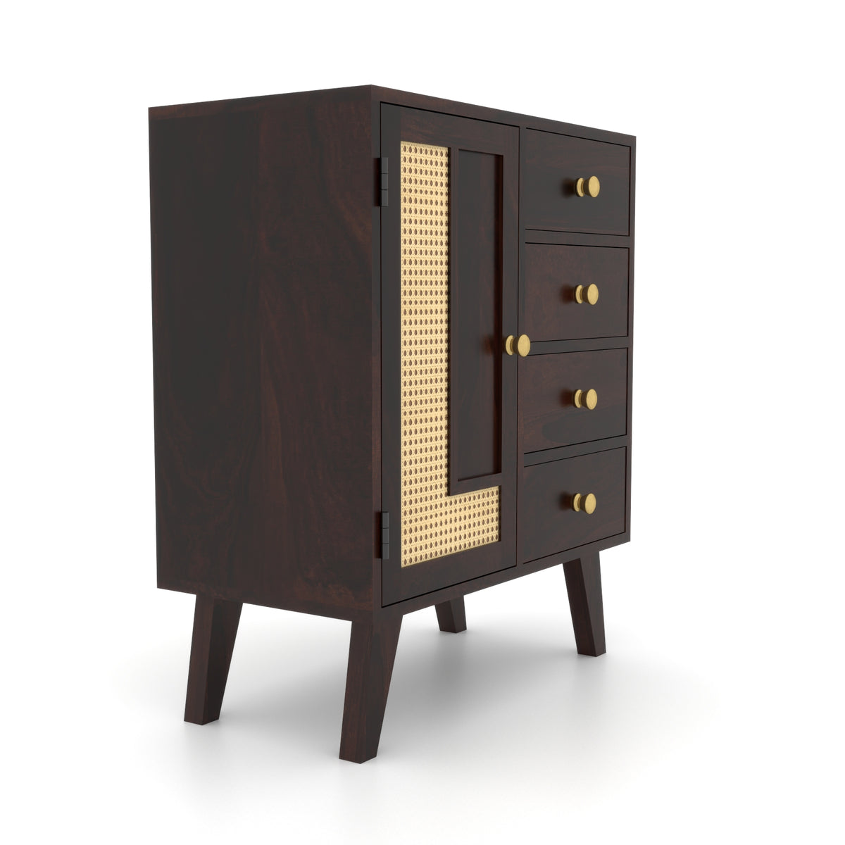 Treordale Sheesham Wood Storage Cabinet with Rattan Cane Door & 4 Drawers (Walnut Finish)