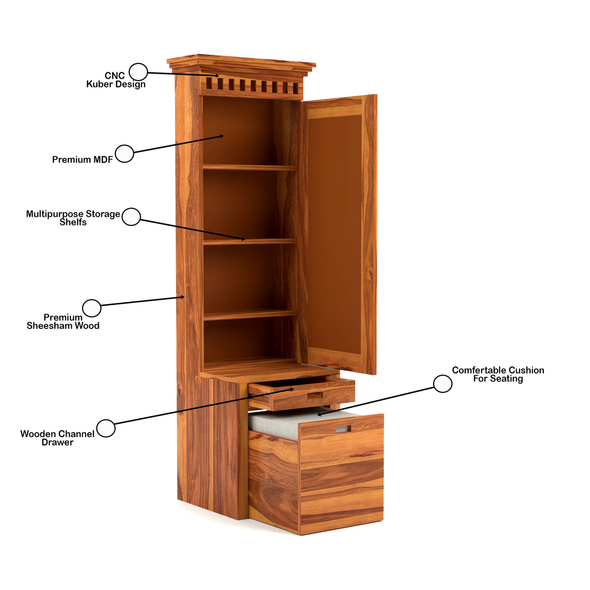 Elmanshire Sheesham Wood Dressing Table with Full-Length Mirror, Multipurpose Storage Shelves, Drawer & Cushioned Seating Stool (Honey Finish)