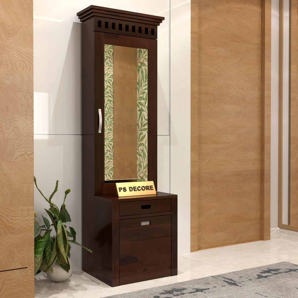 Elmanshire Sheesham Wood Dressing Table with Full-Length Mirror, Multipurpose Storage Shelves, Drawer & Cushioned Seating Stool (Walnut Finish)