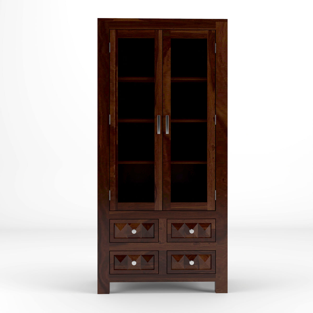 Jarello Sheesham Wood Bookshelf with Acrylic Glass Doors & 4 Drawers (Walnut Finish)