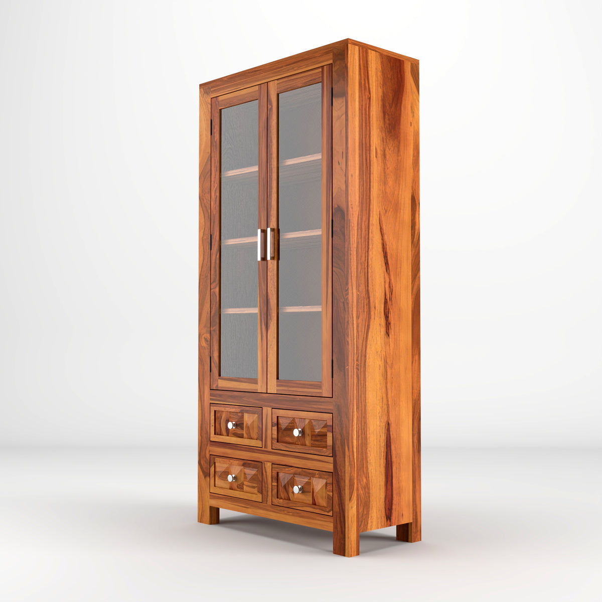 Jarello Sheesham Wood Bookshelf with Acrylic Glass Doors & 4 Drawers (Natural Finish)