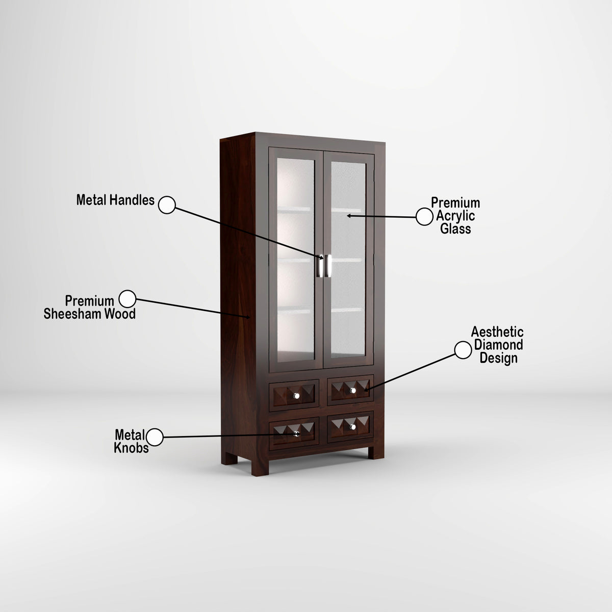 Jarello Sheesham Wood Bookshelf with Acrylic Glass Doors & 4 Drawers (Walnut Finish)