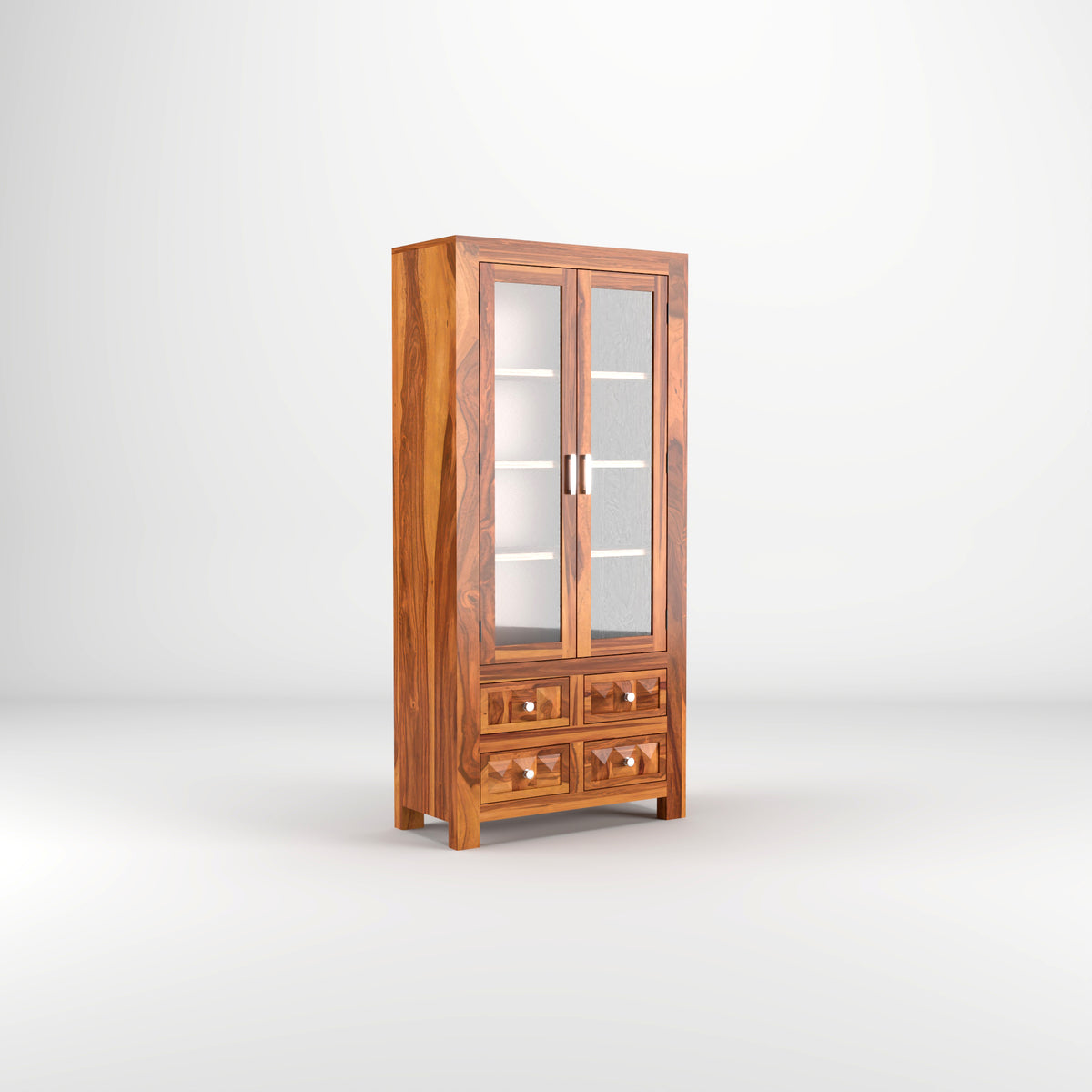 Jarello Sheesham Wood Bookshelf with Acrylic Glass Doors & 4 Drawers (Natural Finish)