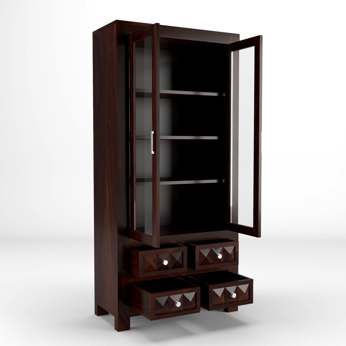 Jarello Sheesham Wood Bookshelf with Acrylic Glass Doors & 4 Drawers (Walnut Finish)