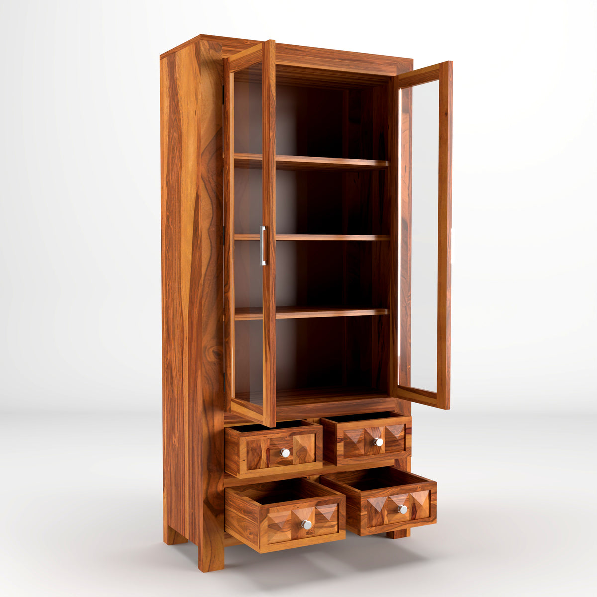 Jarello Sheesham Wood Bookshelf with Acrylic Glass Doors & 4 Drawers (Natural Finish)
