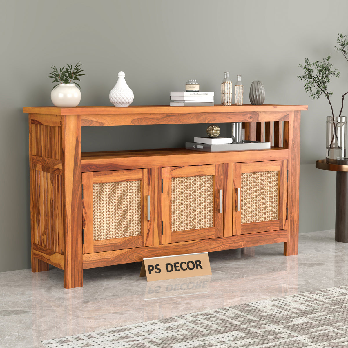 Myvrix Sheesham Wood Sideboard and Cabinets With Rattan Cane (Natural Finish)