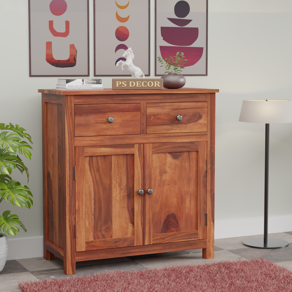 Beliello 2-Drawer Sheesham Wood Storage Cabinet Sideboard with 2-Door Storage Cabinet (Honey Finish)