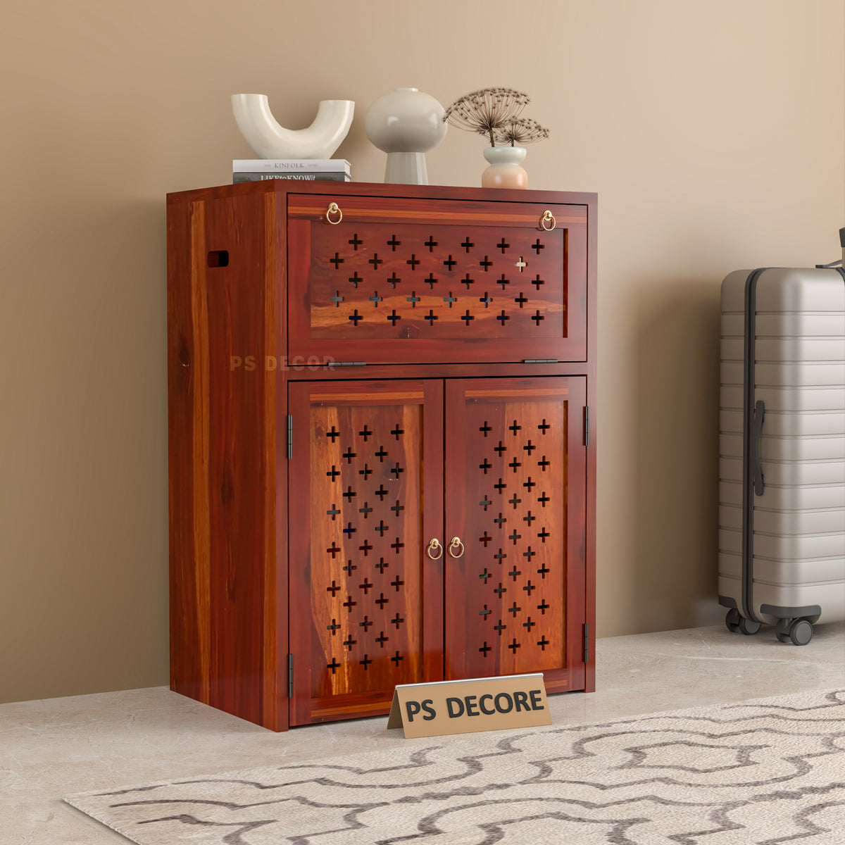 ARENA Sheesham Wood Inverter Cabinet with 2-Door Storage & Ventilated Design (Honey Finish)