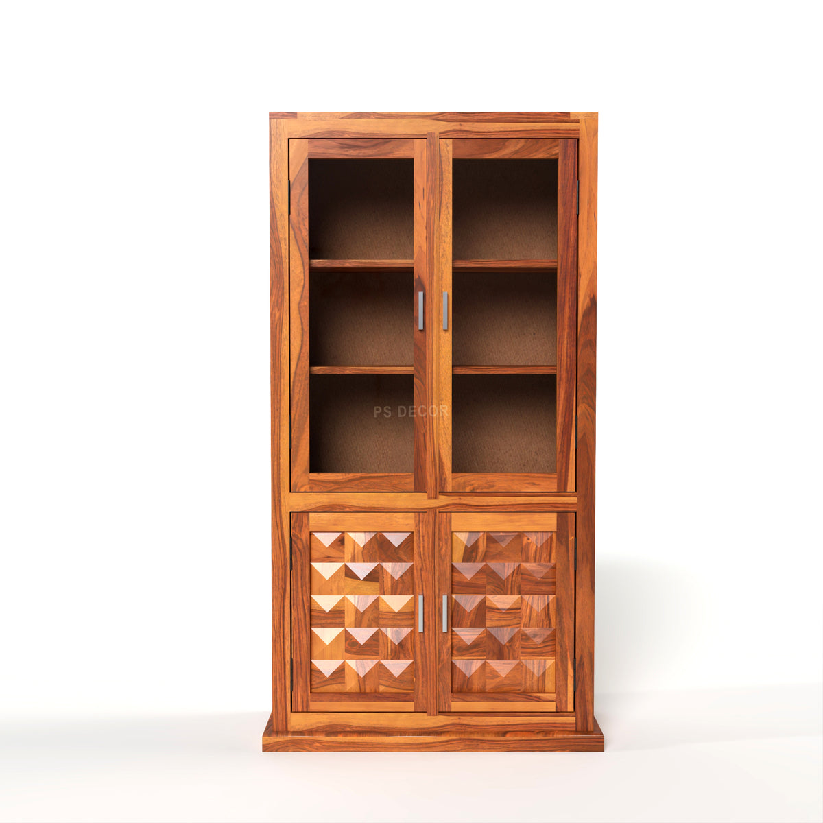 Goldenza Sheesham Wood Bookshelf Cabinet with Acrylic Glass Doors & Multipurpose Storage (Natural Finish)