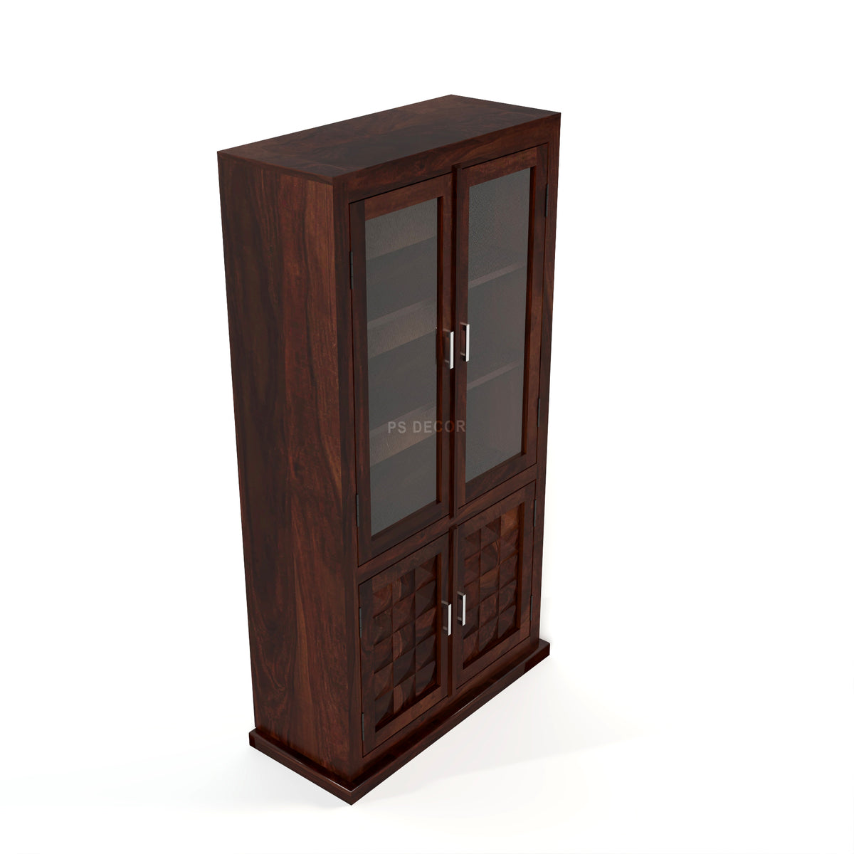 Goldenza Sheesham Wood Bookshelf Cabinet with Acrylic Glass Doors & Multipurpose Storage (Walnut Finish)
