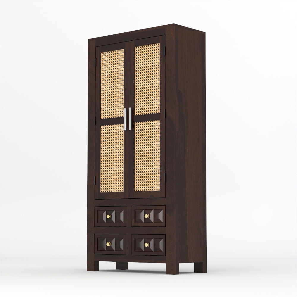Jarello Sheesham Wood Bookshelf with Rattan Cane Doors & 4 Drawers (Walnut Finish)