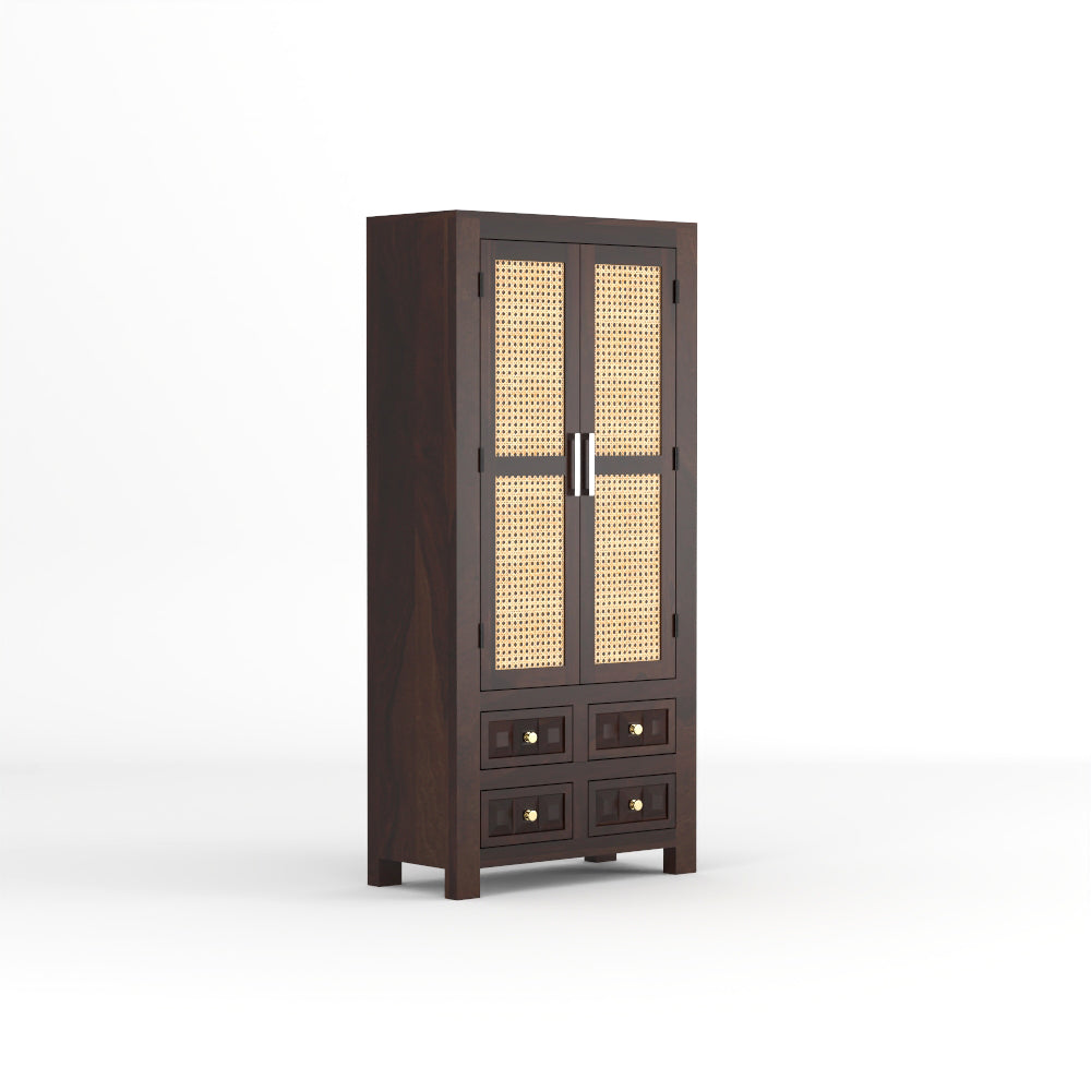 Jarello Sheesham Wood Bookshelf with Rattan Cane Doors & 4 Drawers (Walnut Finish)