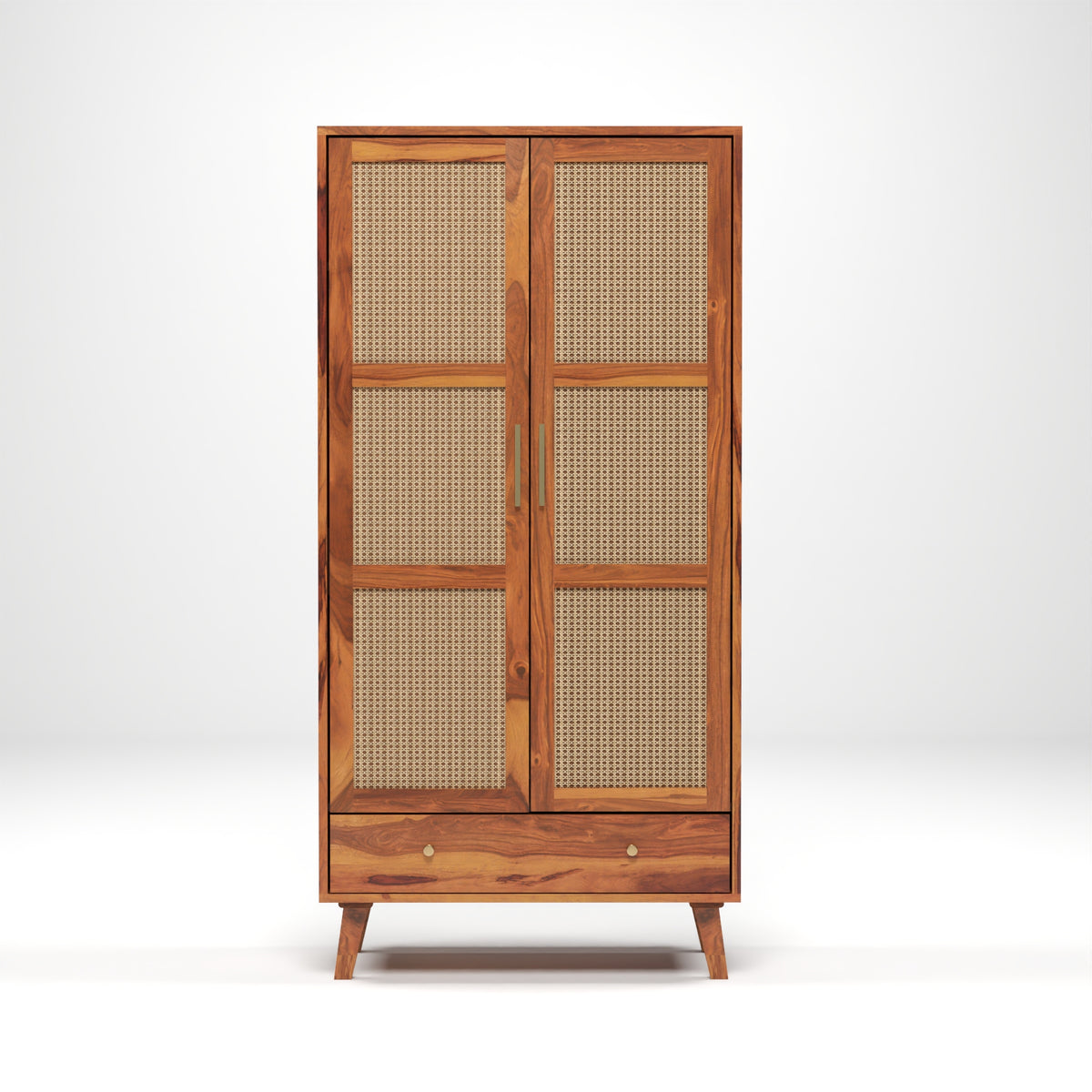 Coruton Sheesham Wood 2-Door Wardrobe with Rattan Cane Doors & Spacious Drawer Storage (Natural Finish)