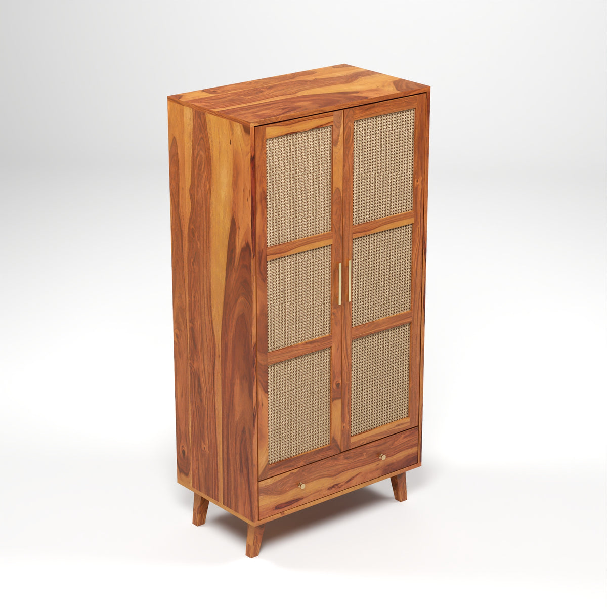 Coruton Sheesham Wood 2-Door Wardrobe with Rattan Cane Doors & Spacious Drawer Storage (Natural Finish)