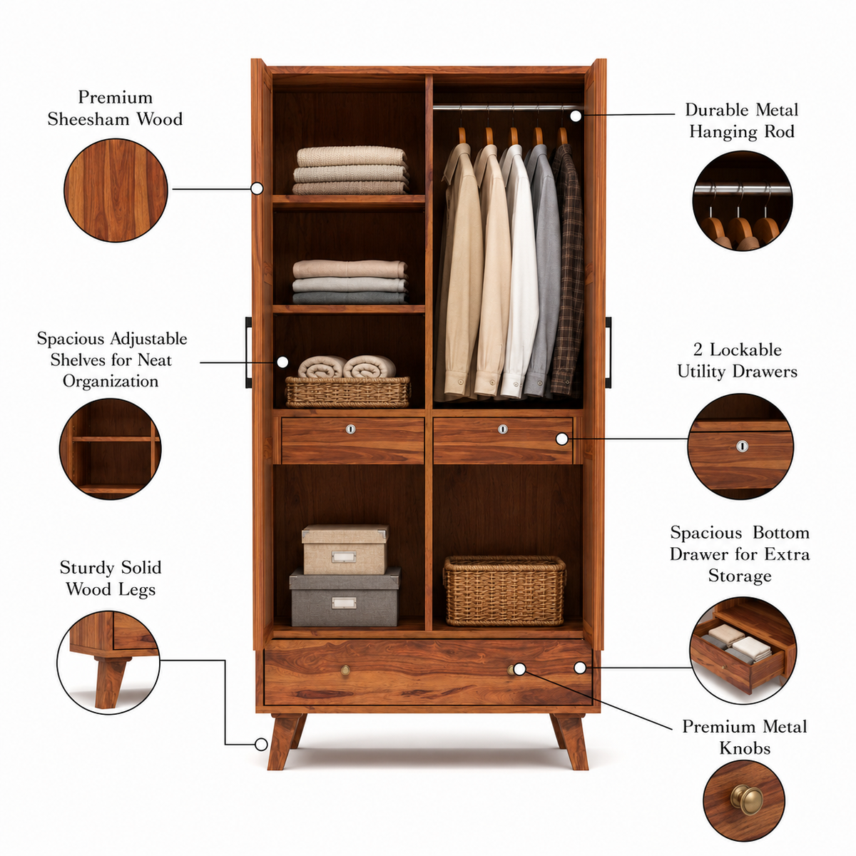 Coruton Sheesham Wood 2-Door Wardrobe with Rattan Cane Doors & Spacious Drawer Storage (Natural Finish)