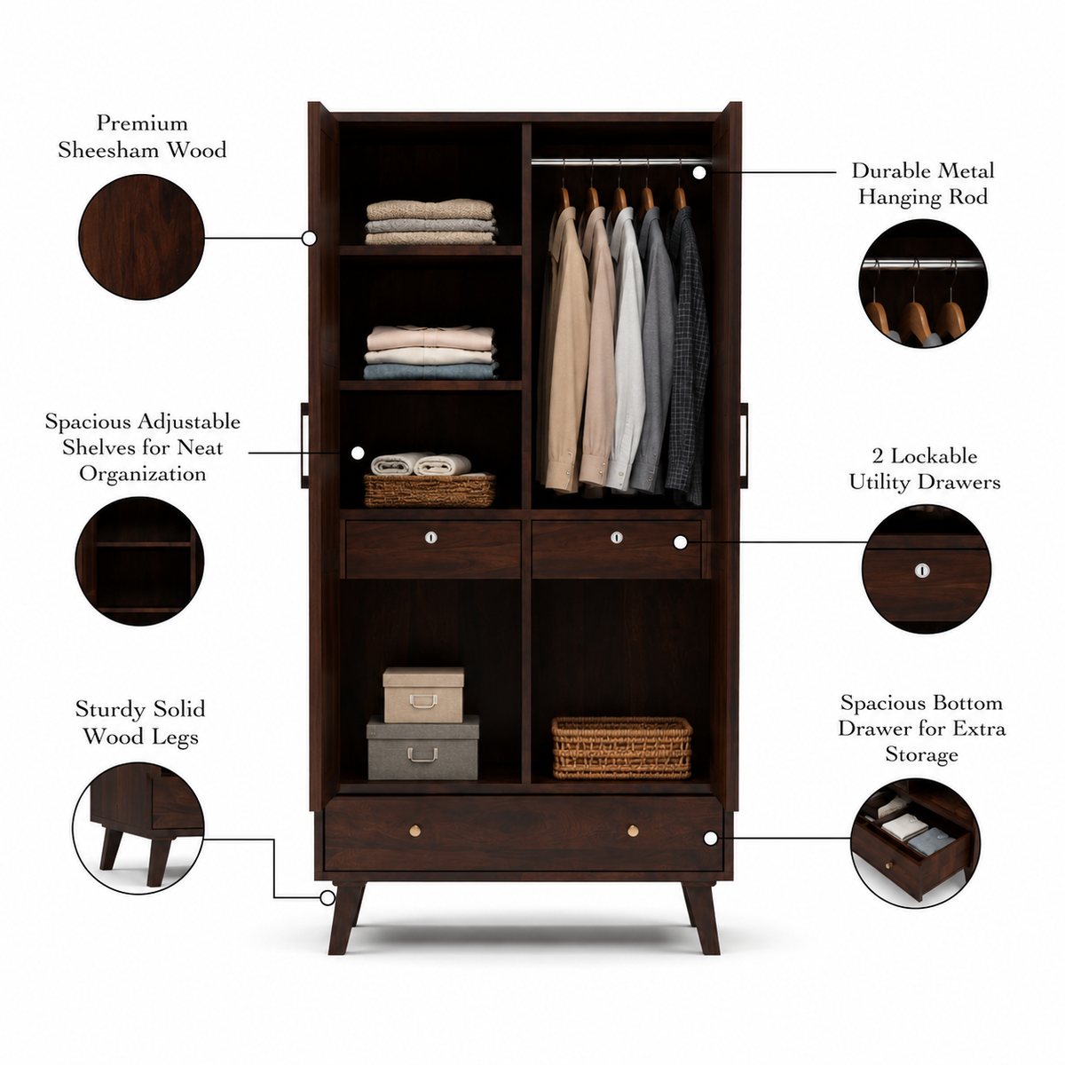 Coruton Sheesham Wood 2-Door Wardrobe with Rattan Cane Doors & Spacious Drawer Storage (Walnut Finish)