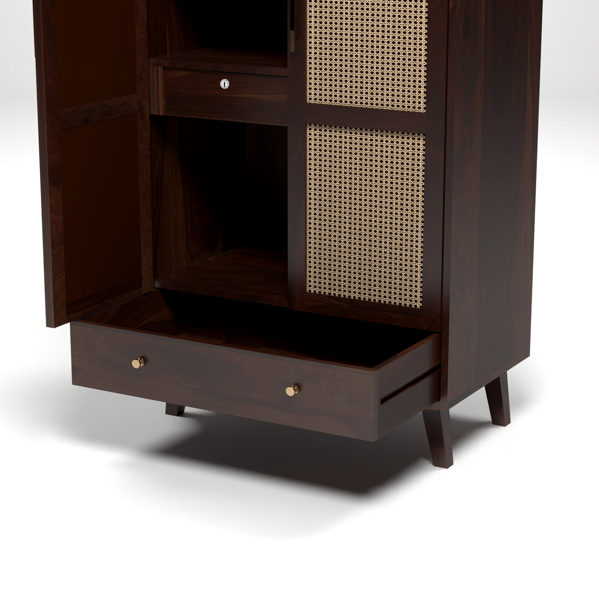Coruton Sheesham Wood 2-Door Wardrobe with Rattan Cane Doors & Spacious Drawer Storage (Walnut Finish)