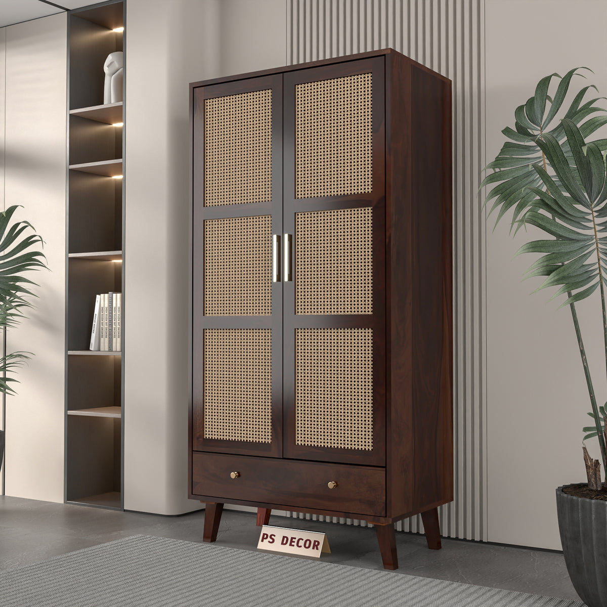 Coruton Sheesham Wood 2-Door Wardrobe with Rattan Cane Doors & Spacious Drawer Storage (Walnut Finish)