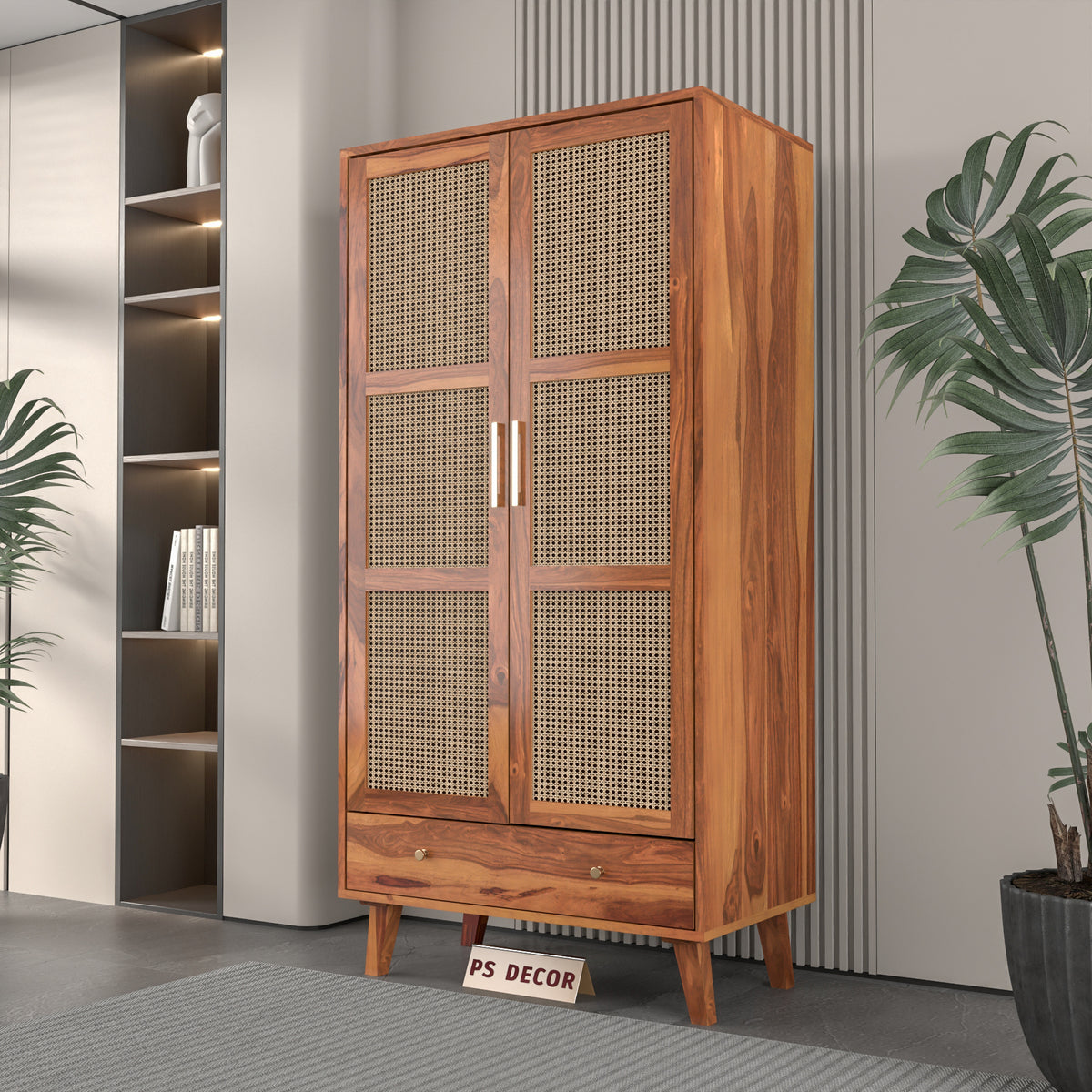 Coruton Sheesham Wood 2-Door Wardrobe with Rattan Cane Doors & Spacious Drawer Storage (Natural Finish)