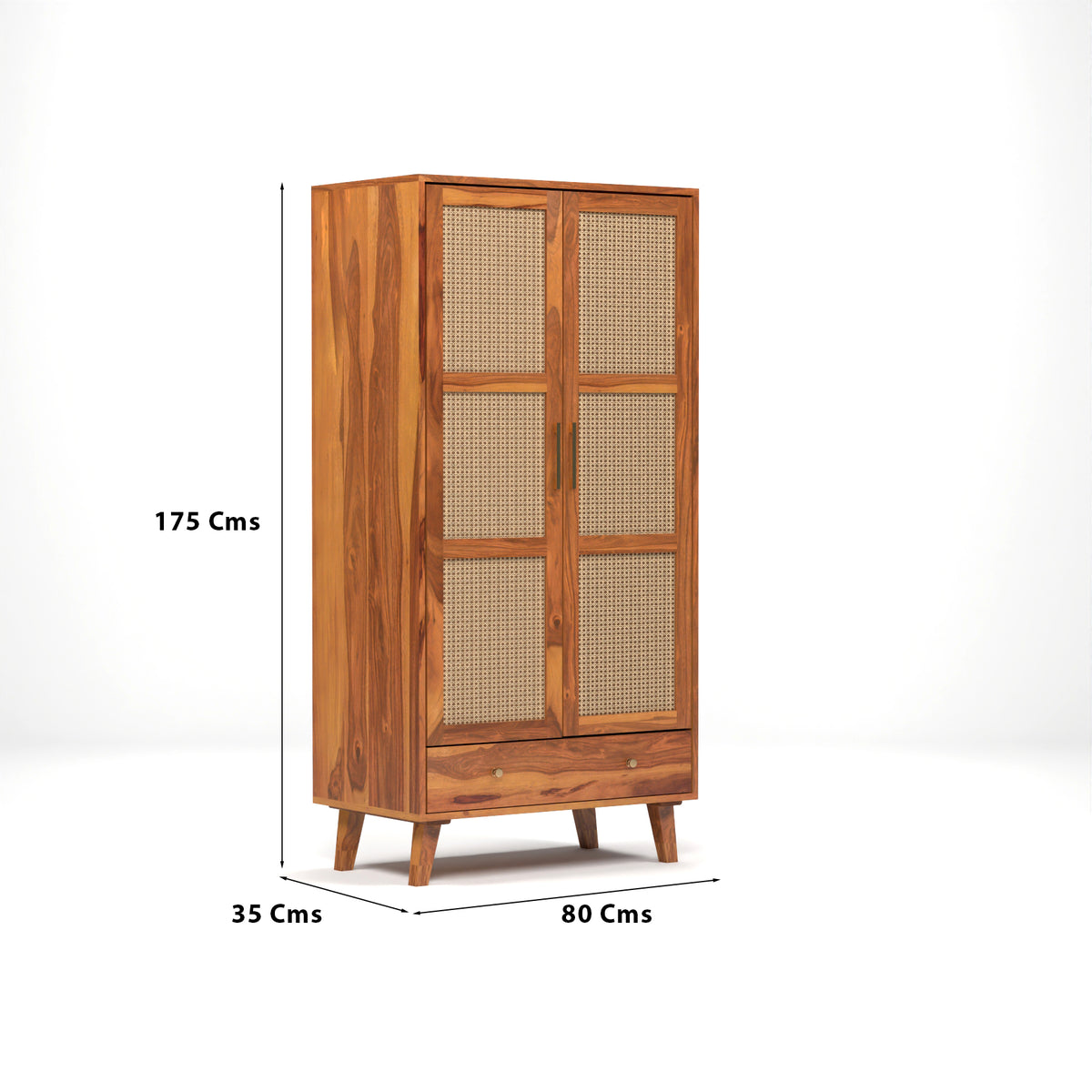 Coruton Sheesham Wood 2-Door Wardrobe with Rattan Cane Doors & Spacious Drawer Storage (Natural Finish)