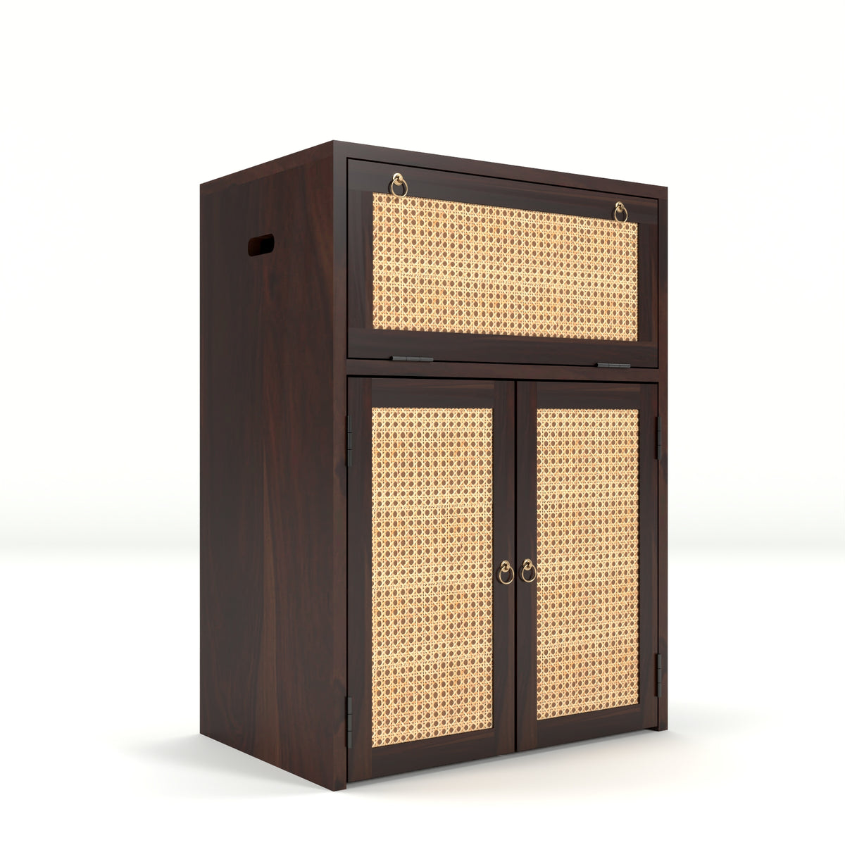 ARENA Sheesham Wood Inverter Cabinet with Rattan Cane Doors & Ventilated Storage Design (Walnut Finish)