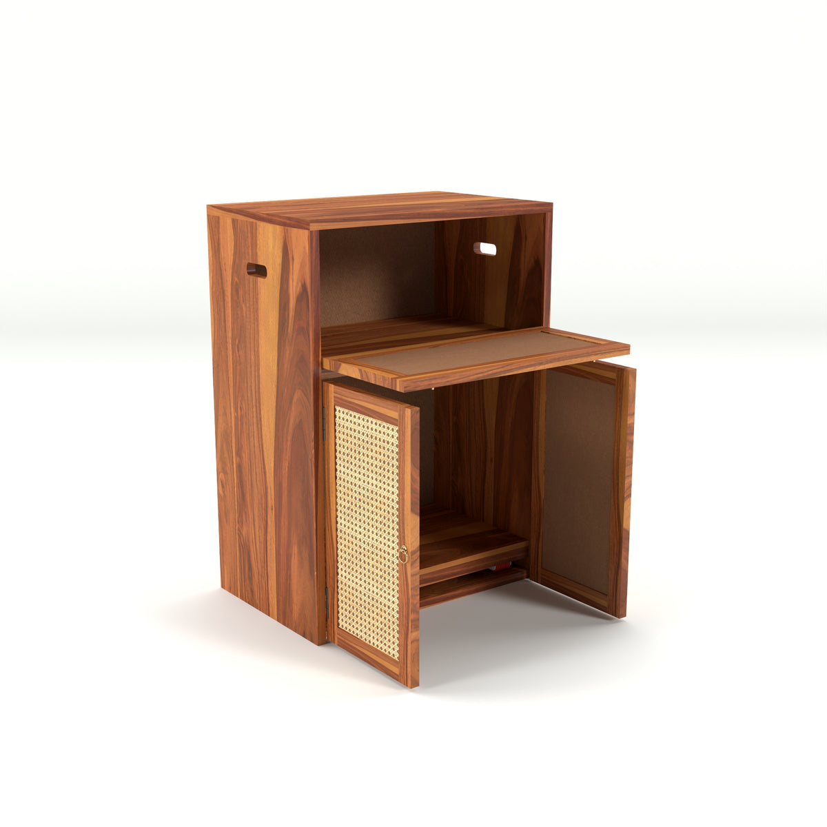 ARENA Sheesham Wood Inverter Cabinet with Rattan Cane Doors & Ventilated Storage Design (Natural Finish)