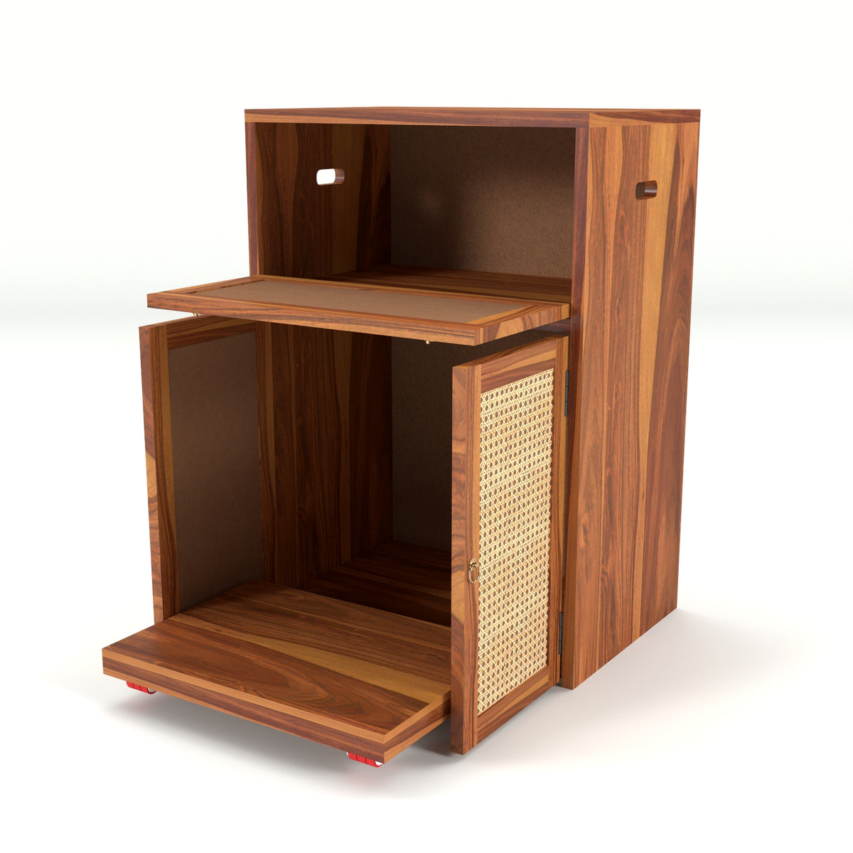 ARENA Sheesham Wood Inverter Cabinet with Rattan Cane Doors & Ventilated Storage Design (Natural Finish)