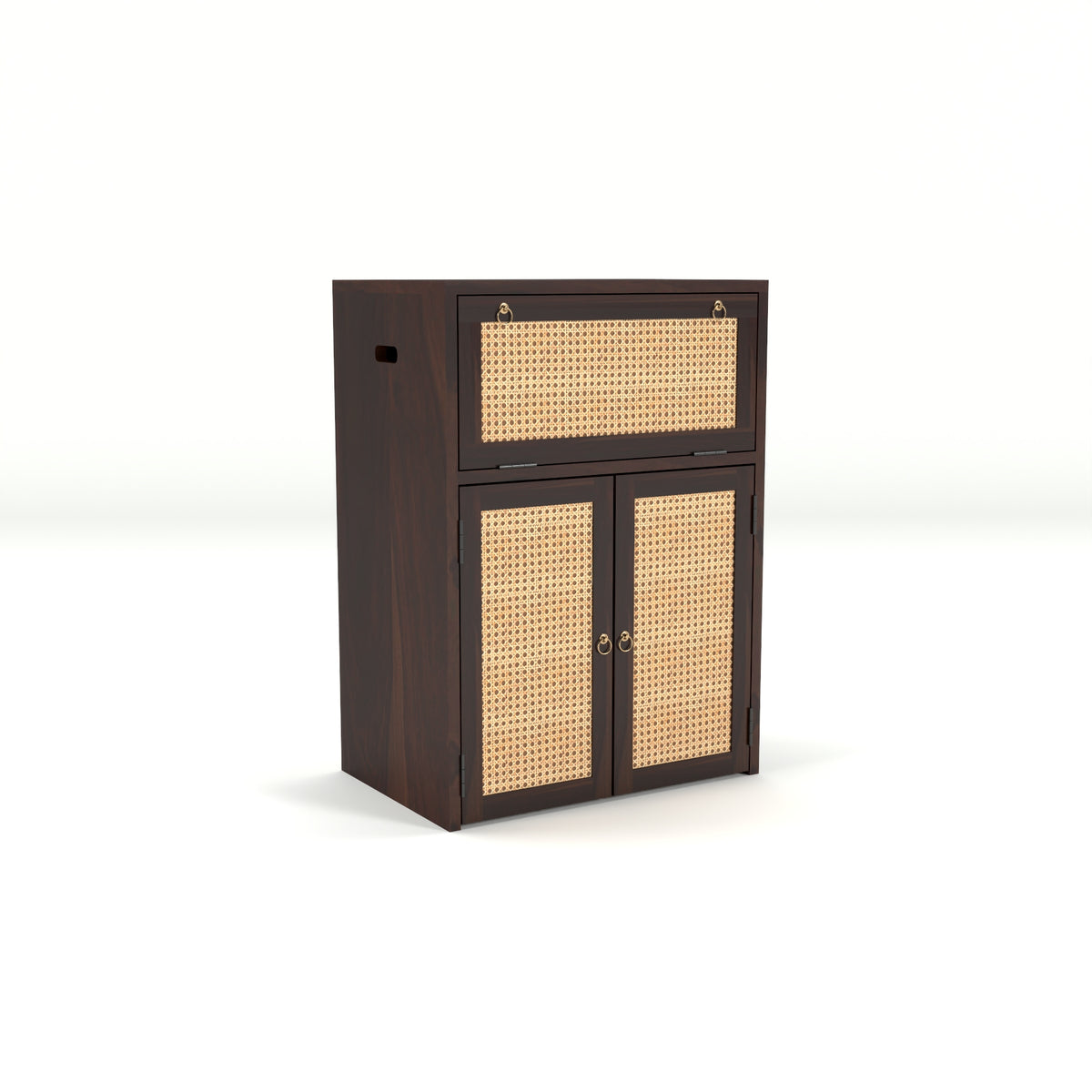 ARENA Sheesham Wood Inverter Cabinet with Rattan Cane Doors & Ventilated Storage Design (Walnut Finish)