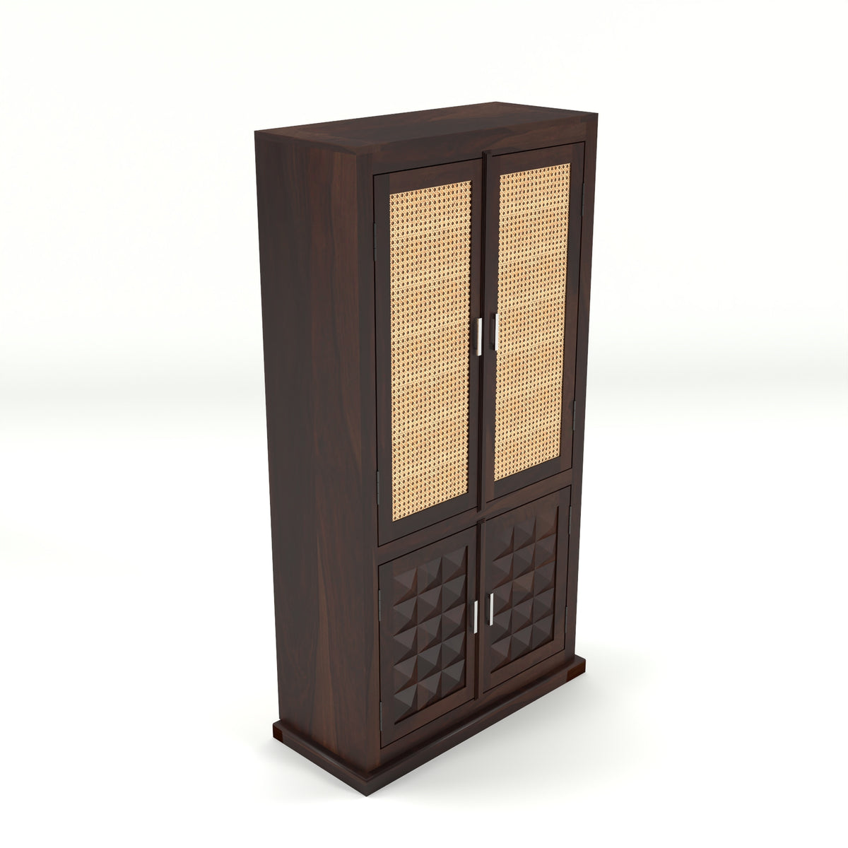 Goldenza Sheesham Wood Bookshelf Cabinet with Rattan Cane Doors & Multipurpose Storage (Walnut Finish)