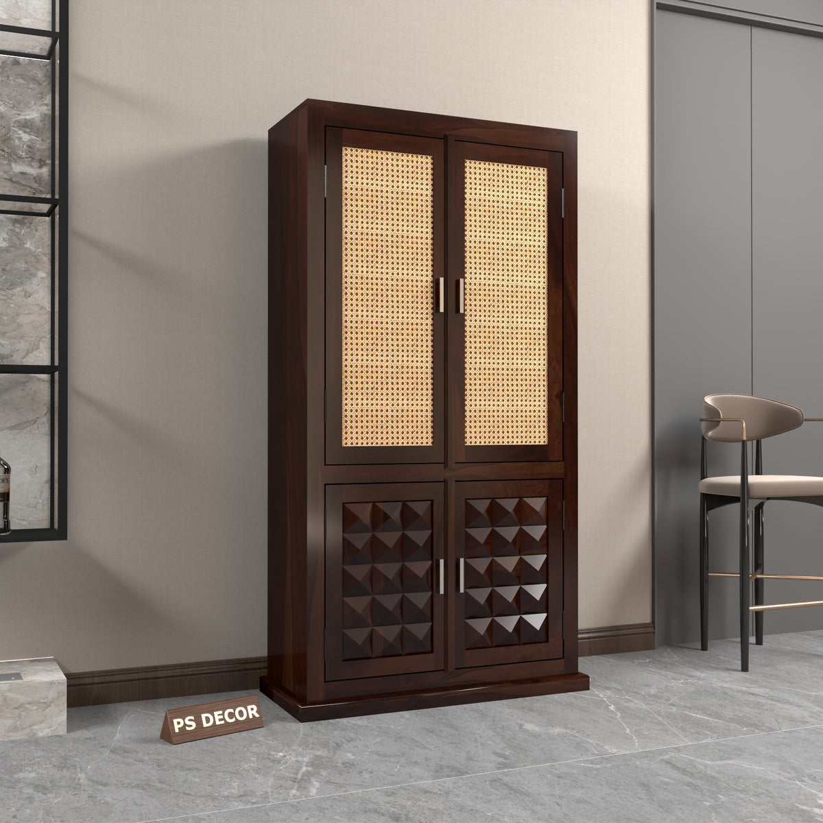 Goldenza Sheesham Wood Bookshelf Cabinet with Rattan Cane Doors & Multipurpose Storage (Walnut Finish)