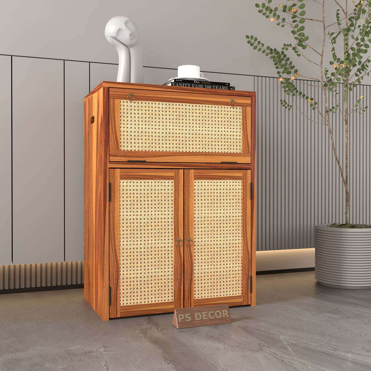 ARENA Sheesham Wood Inverter Cabinet with Rattan Cane Doors & Ventilated Storage Design (Natural Finish)