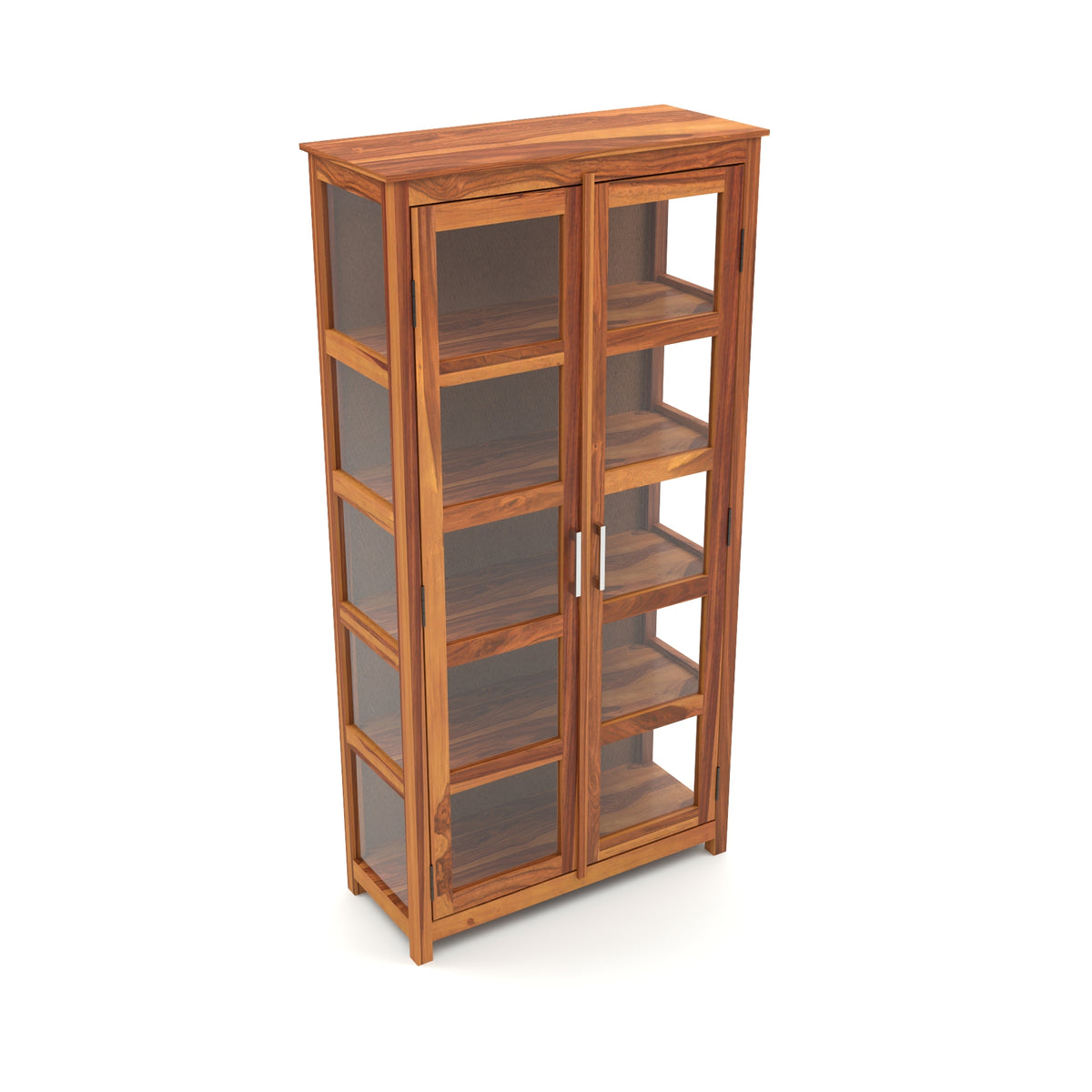 Valorello Sheesham Wood Bookshelf with Acrylic Glass Doors & Multipurpose Storage Shelves (Natural Finish)