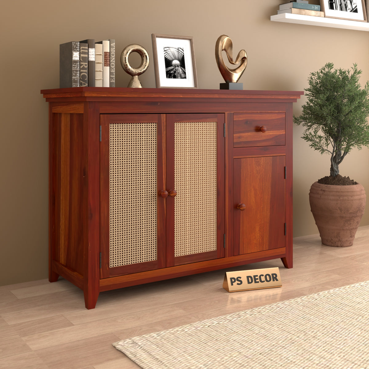 Drakelford Kitchen Cabinet With Rattan Cane (Honey Finish)