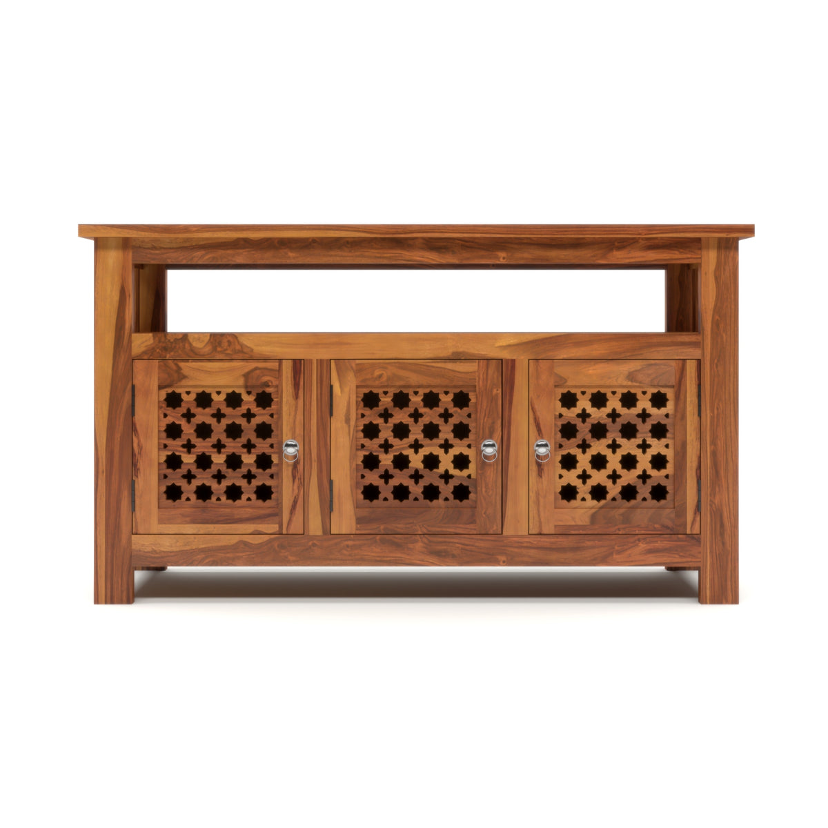 Arehaven Sheesham Wood Kitchen Cabinet with 3-Door Carved Design & Open Storage Shelf (Natural Finish)