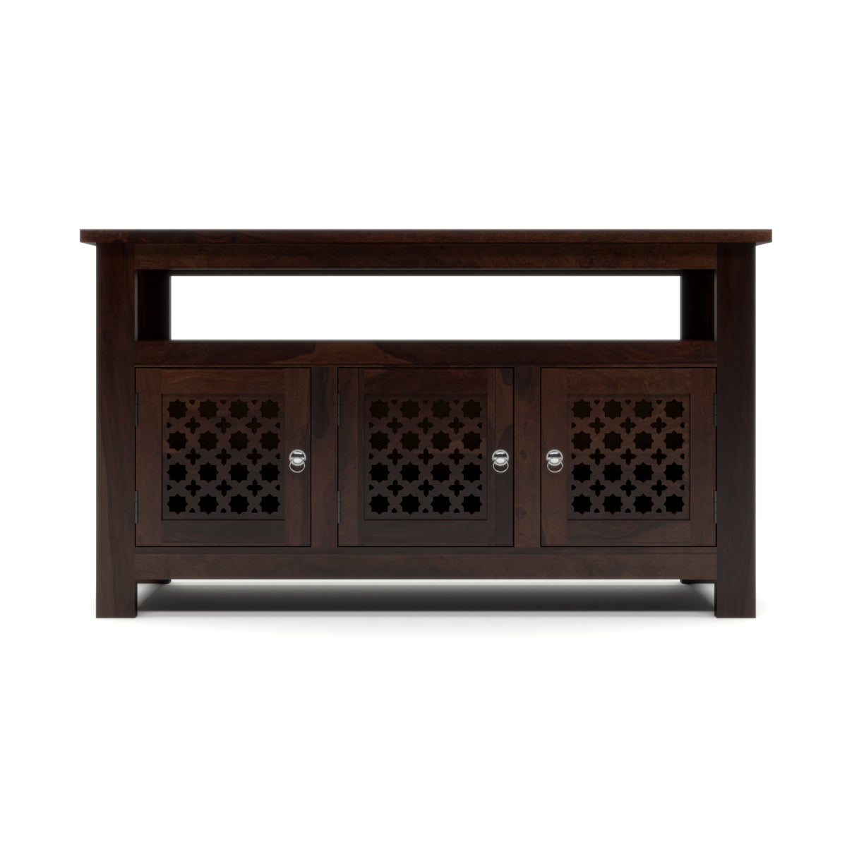 Arehaven Sheesham Wood Kitchen Cabinet with 3-Door Carved Design & Open Storage Shelf (Walnut Finish)