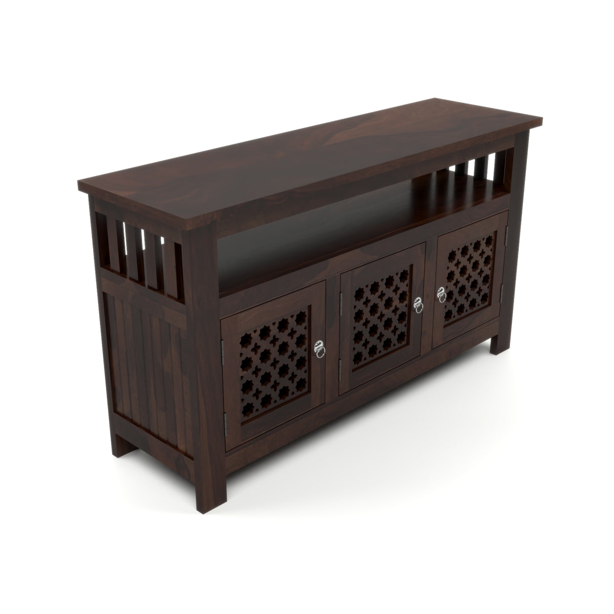 Arehaven Sheesham Wood Kitchen Cabinet with 3-Door Carved Design & Open Storage Shelf (Walnut Finish)
