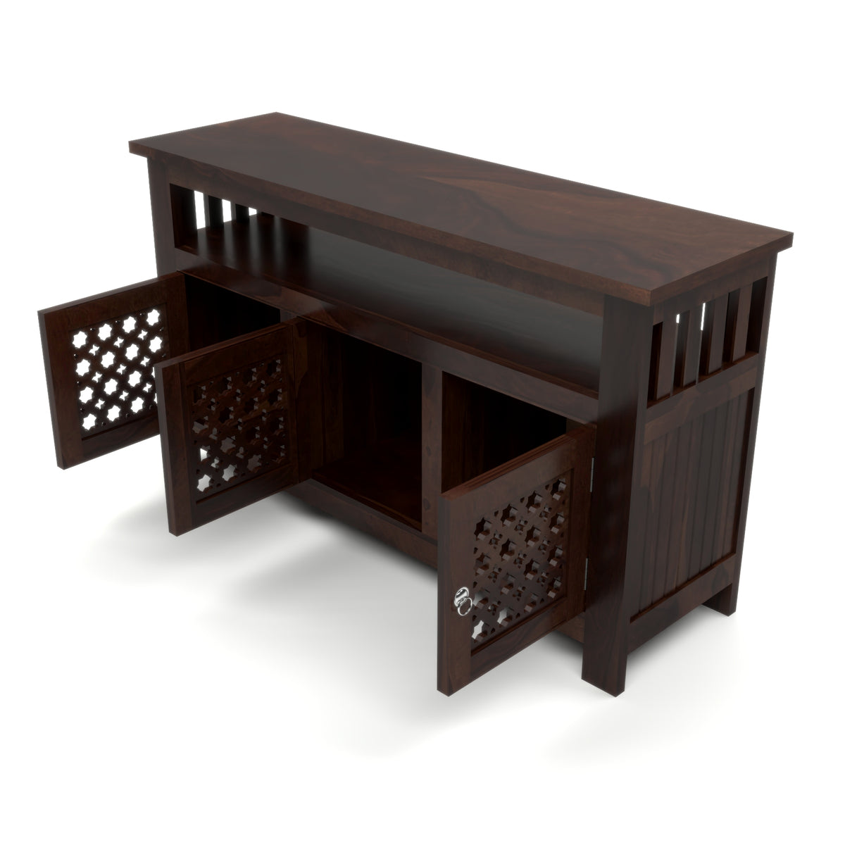 Arehaven Sheesham Wood Kitchen Cabinet with 3-Door Carved Design & Open Storage Shelf (Walnut Finish)