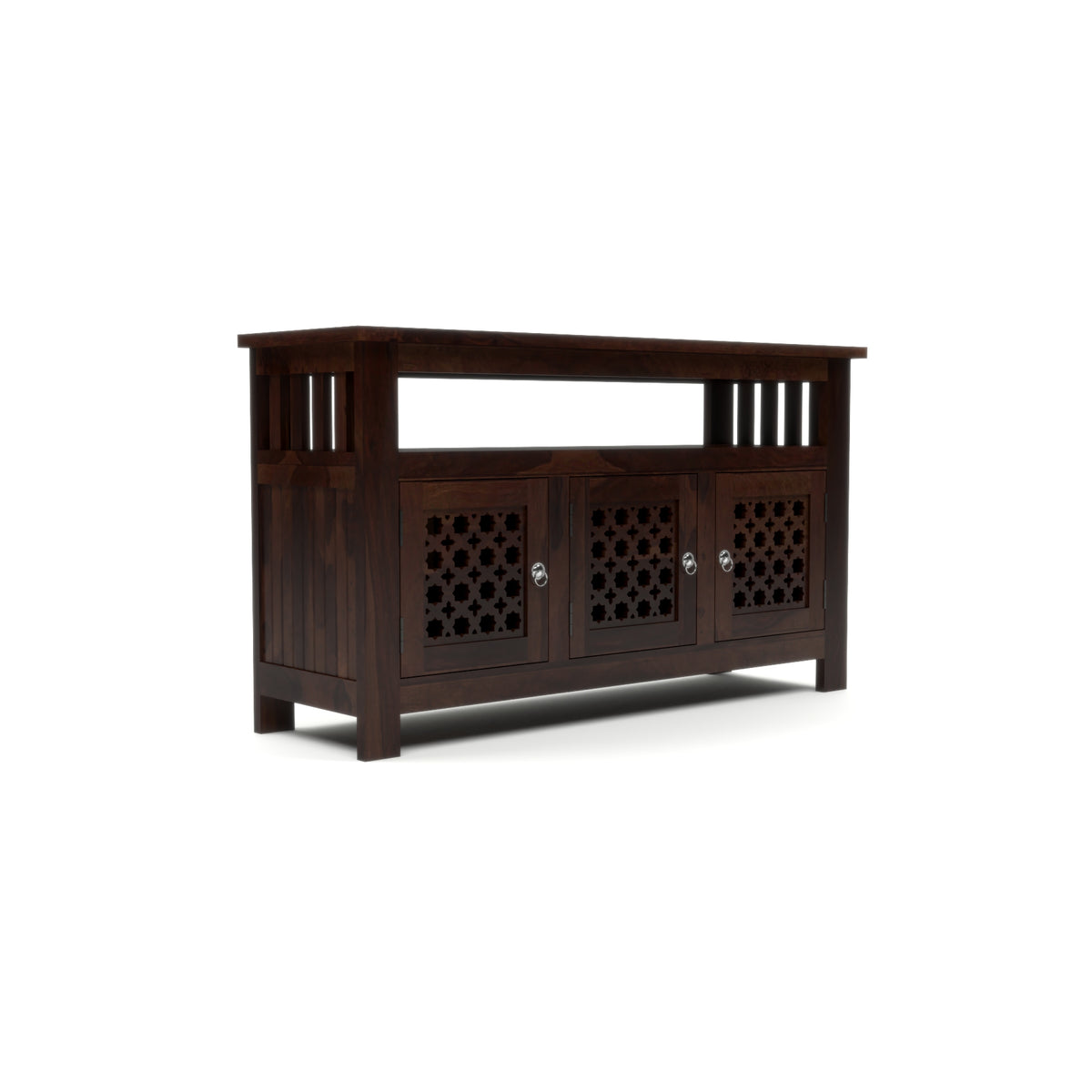 Arehaven Sheesham Wood Kitchen Cabinet with 3-Door Carved Design & Open Storage Shelf (Walnut Finish)