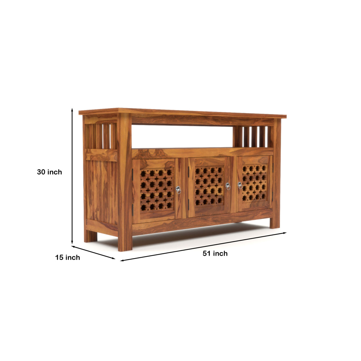 Arehaven Sheesham Wood Kitchen Cabinet with 3-Door Carved Design & Open Storage Shelf (Natural Finish)