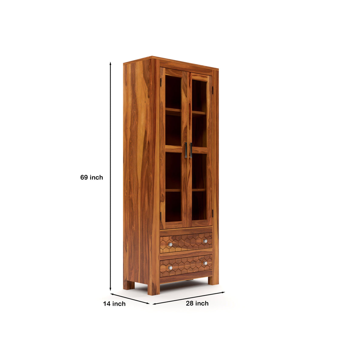 Kevia Sheesham Wood Bookshelf with Acrylic Glass Doors & 2 Drawers (Natural Finish)