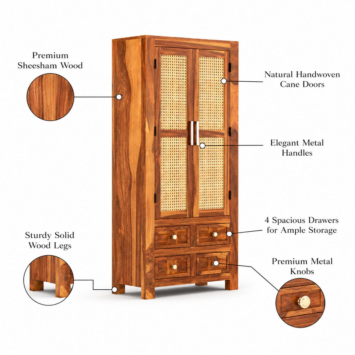 Jarello Sheesham Wood Bookshelf with Rattan Cane Doors & 4 Drawers (Natural Finish)