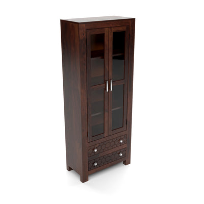 Kevia Sheesham Wood Bookshelf with Acrylic Glass Doors & 2 Drawers (Walnut Finish)