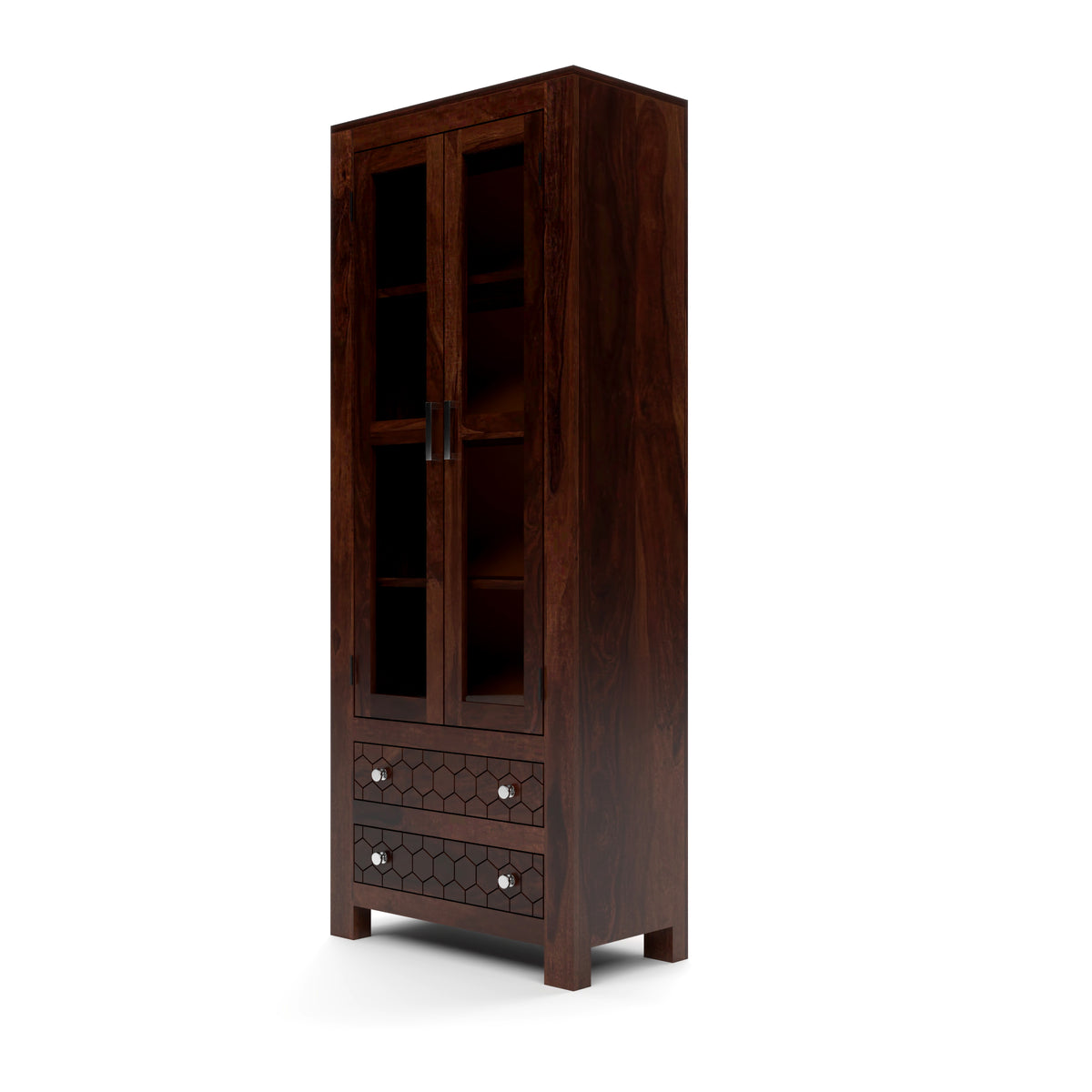 Kevia Sheesham Wood Bookshelf with Acrylic Glass Doors & 2 Drawers (Walnut Finish)